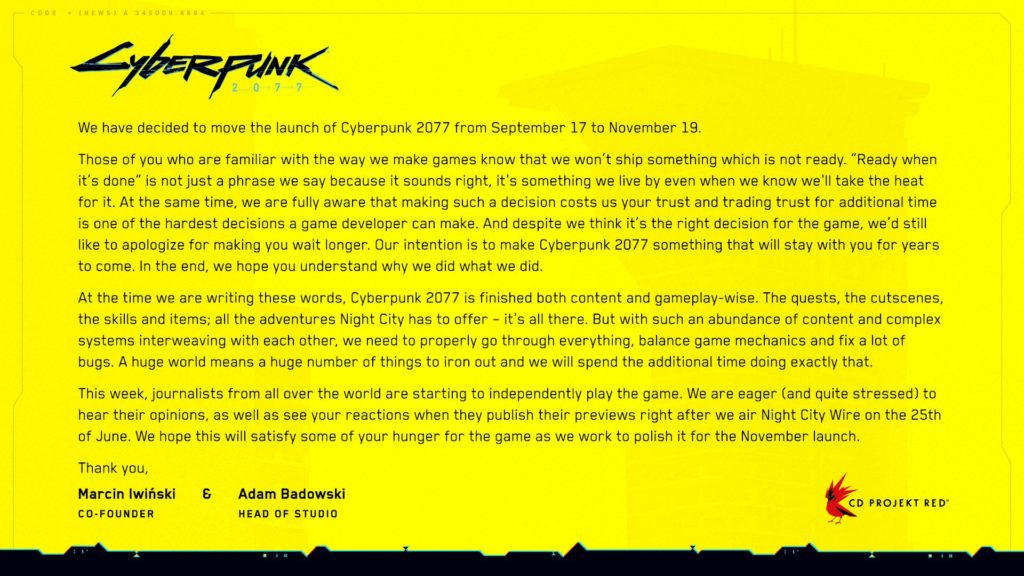 Cyberpunk 2077 Communiqué officiel